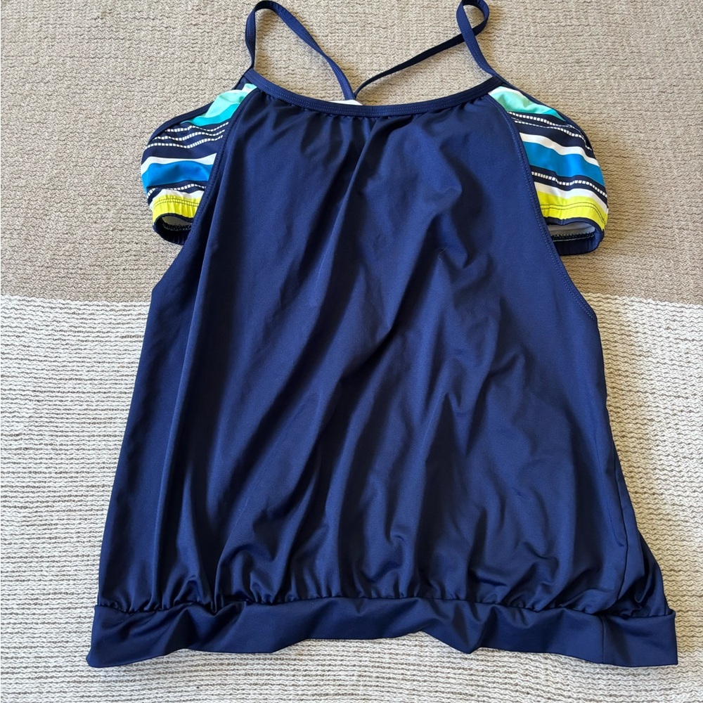 Navy Blue Women's Tankini Top with Striped Accent